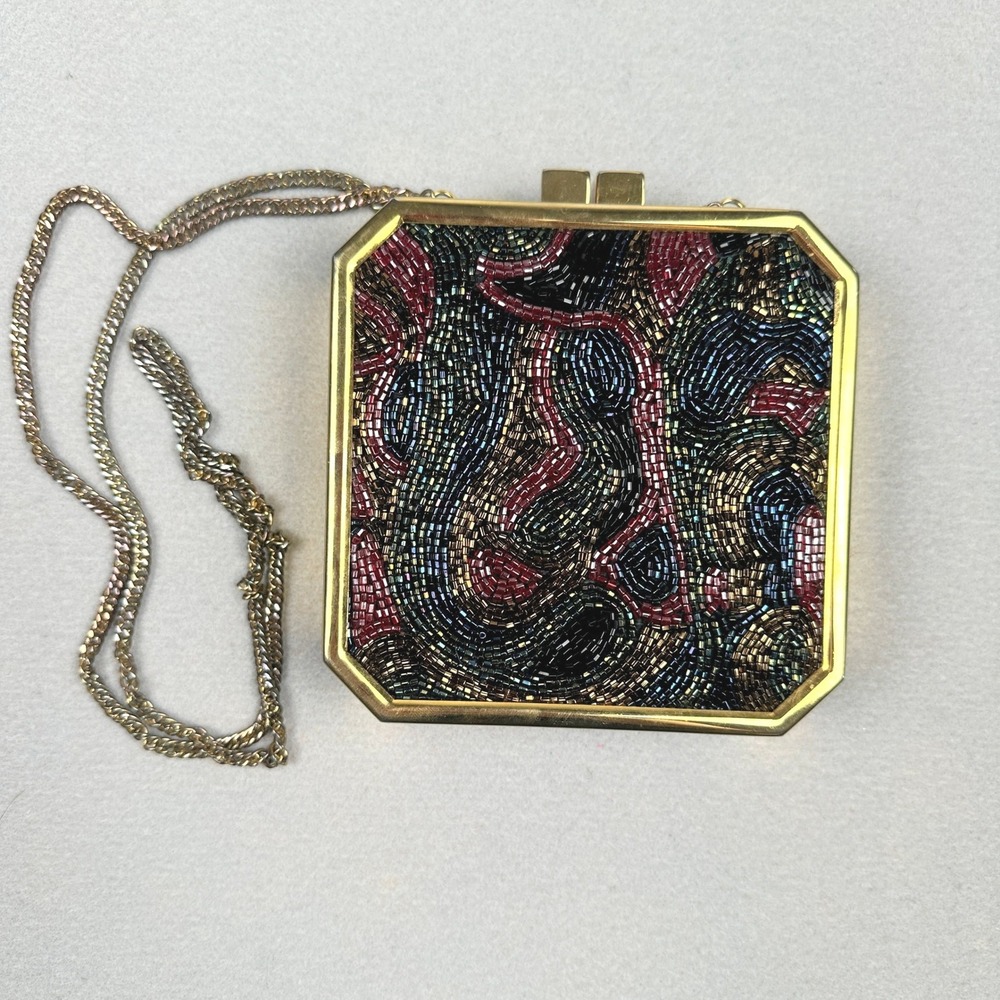 70s Vintage‎ Micro‑Beaded Mosaic Gold‑Tone Evening Boho Clutch Handbag